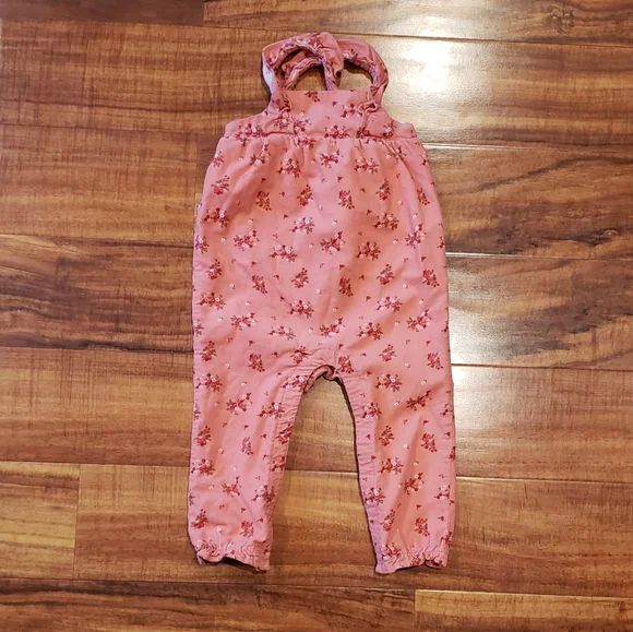Janie and Jack EUC 12-18 months pink floral corduroy overalls - Picture 1 of 5